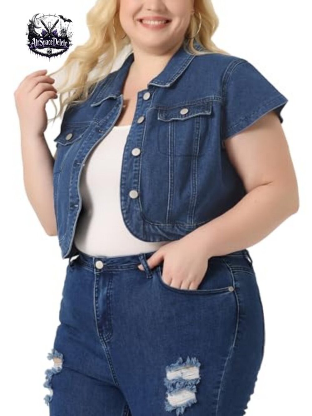 Plus Size Cropped Denim Jacket Short Sleeve Button Down Streetwear